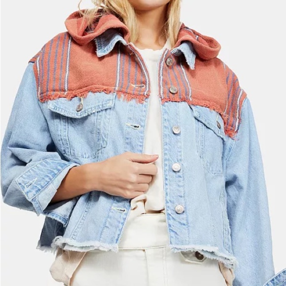 FREE PEOPLE Baja Mixed-Media Hooded Denim Jacket